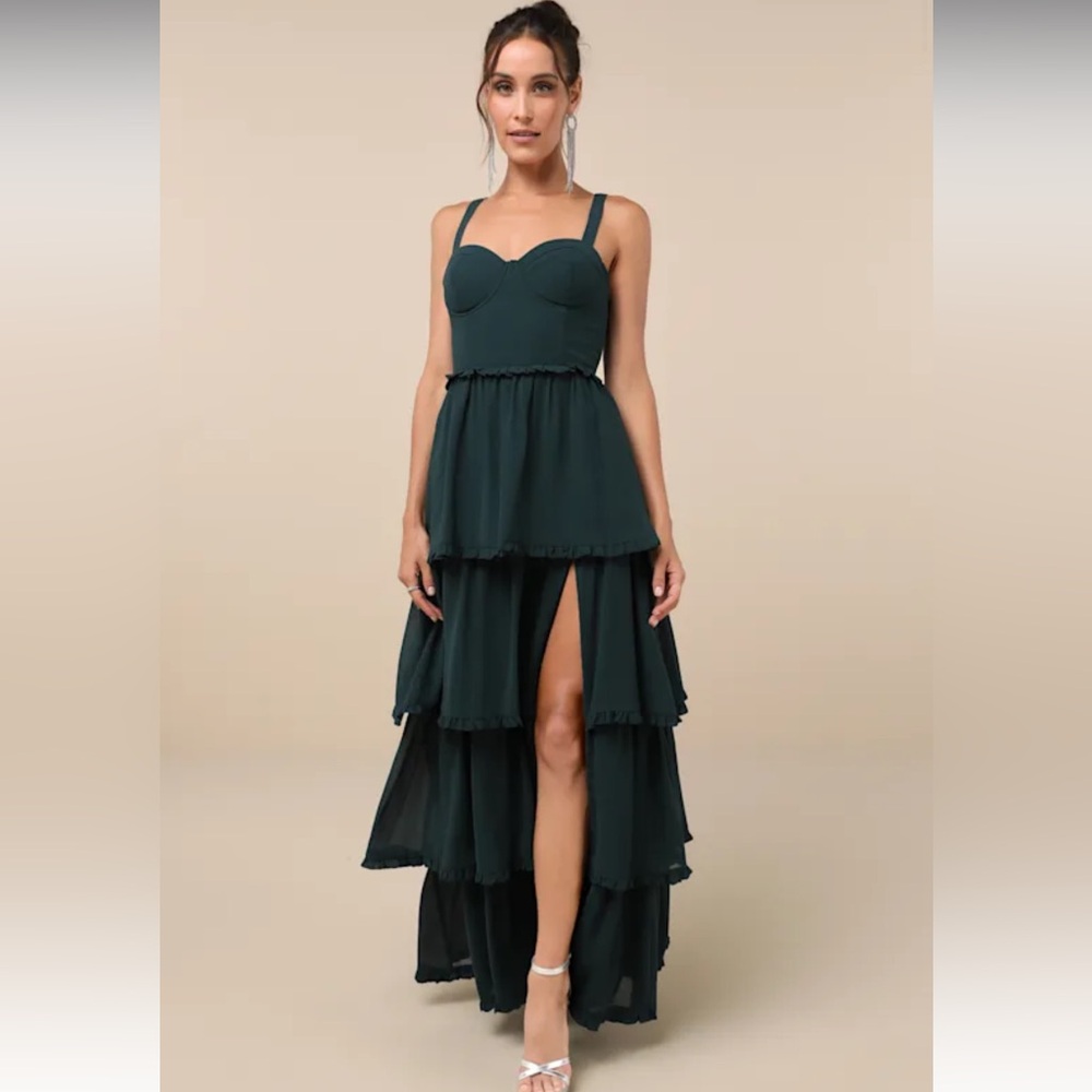 NWOT Lulus Sophisticated Occasion Emerald Green Bustier Lace-Up Maxi Dress